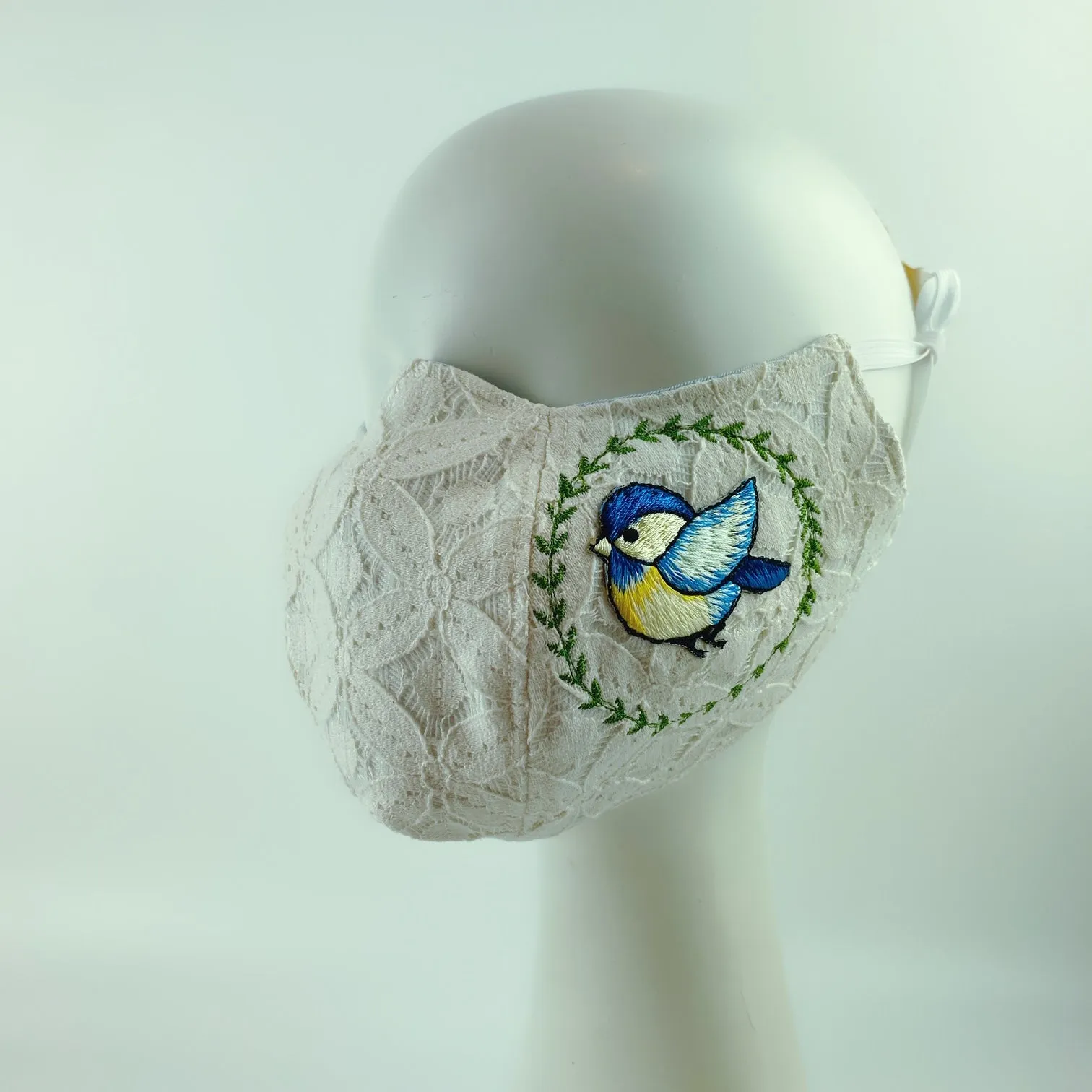 3D Face Mask 4 Protect A Pair of Blue Birds White Lace - L