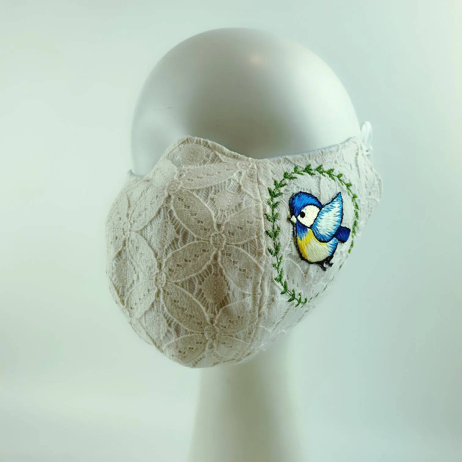 3D Face Mask 4 Protect A Pair of Blue Birds White Lace - L