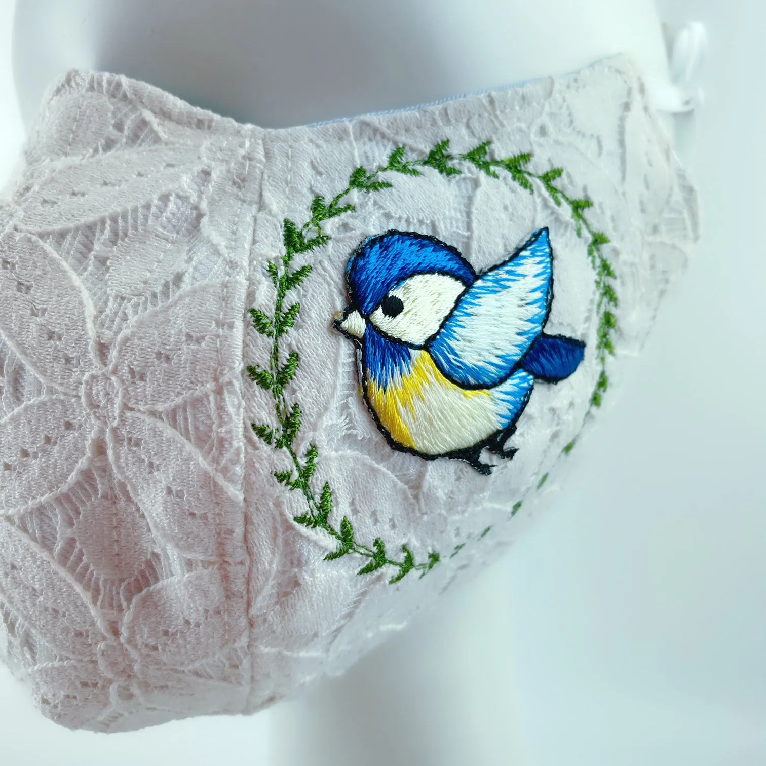 3D Face Mask 4 Protect A Pair of Blue Birds White Lace - L