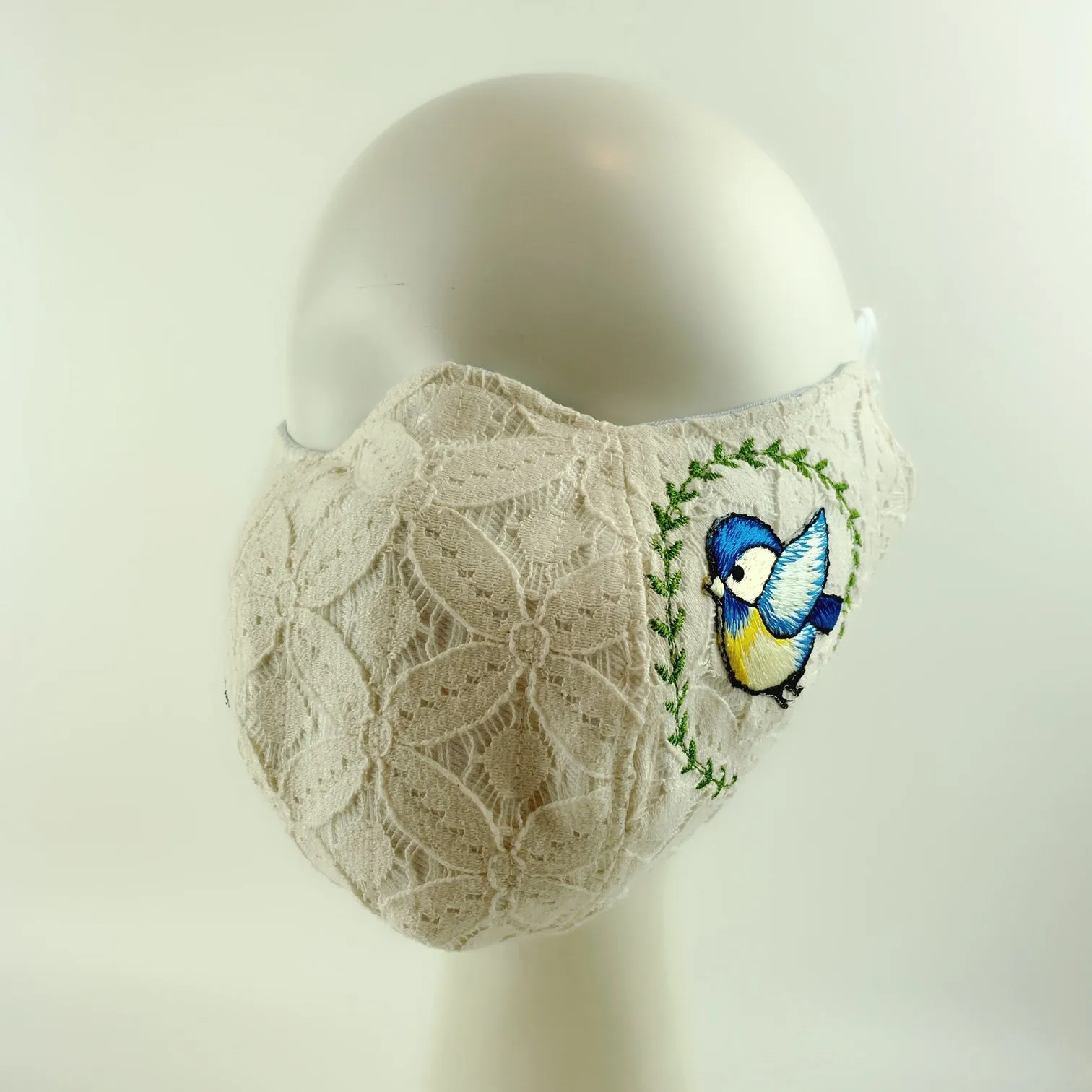 3D Face Mask 4 Protect A Pair of Blue Birds White Lace - L