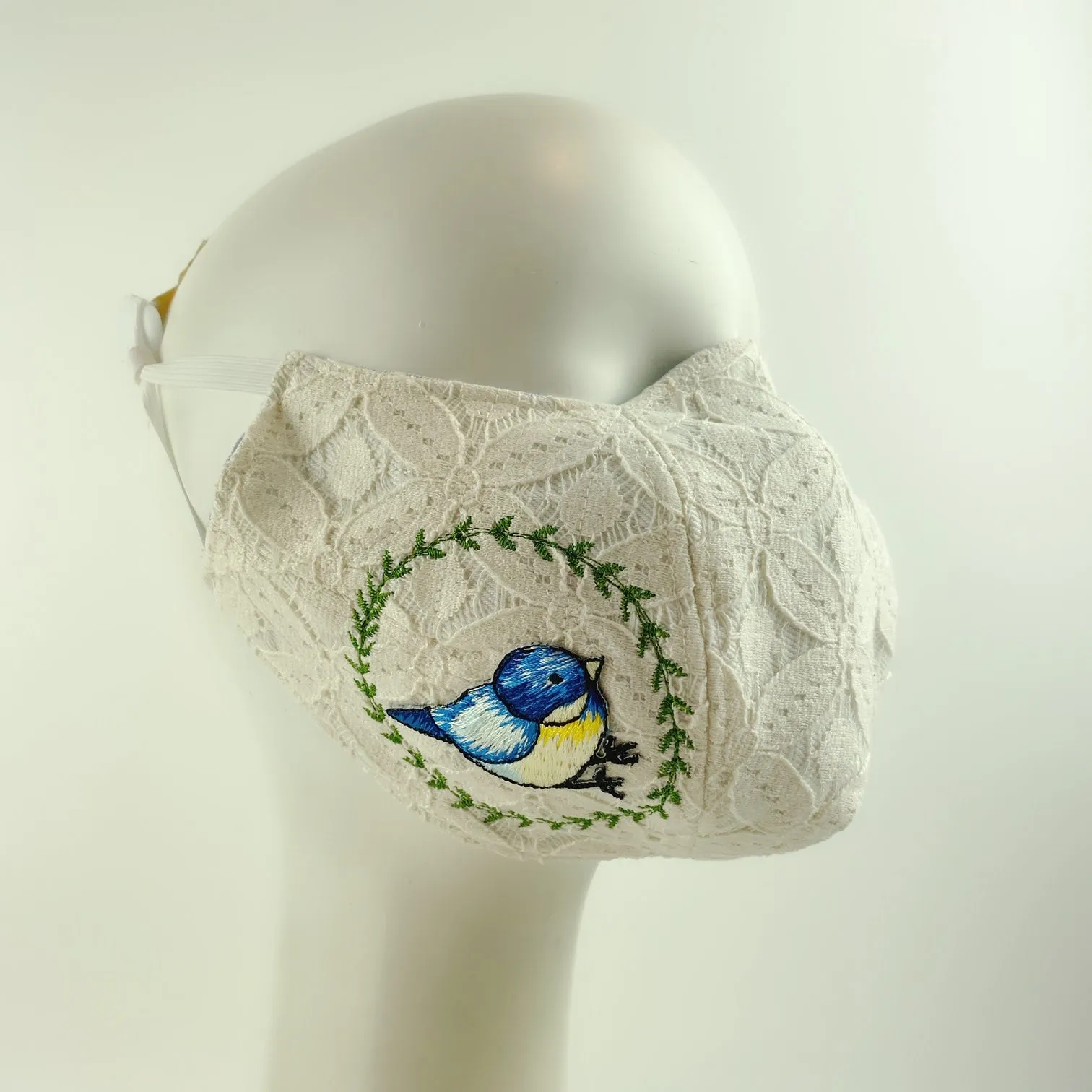 3D Face Mask 4 Protect A Pair of Blue Birds White Lace - L