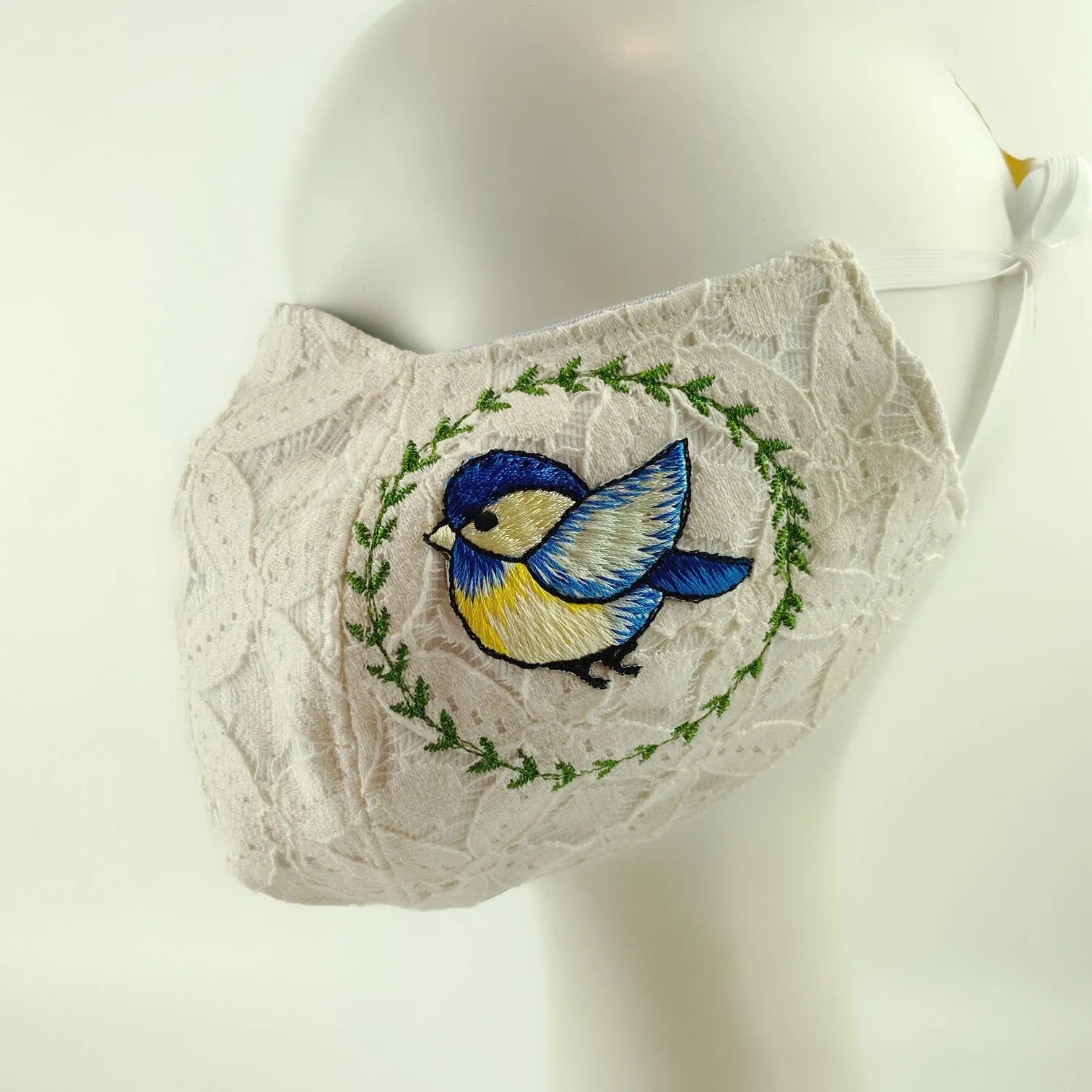 3D Face Mask 4 Protect A Pair of Blue Birds White Lace - L