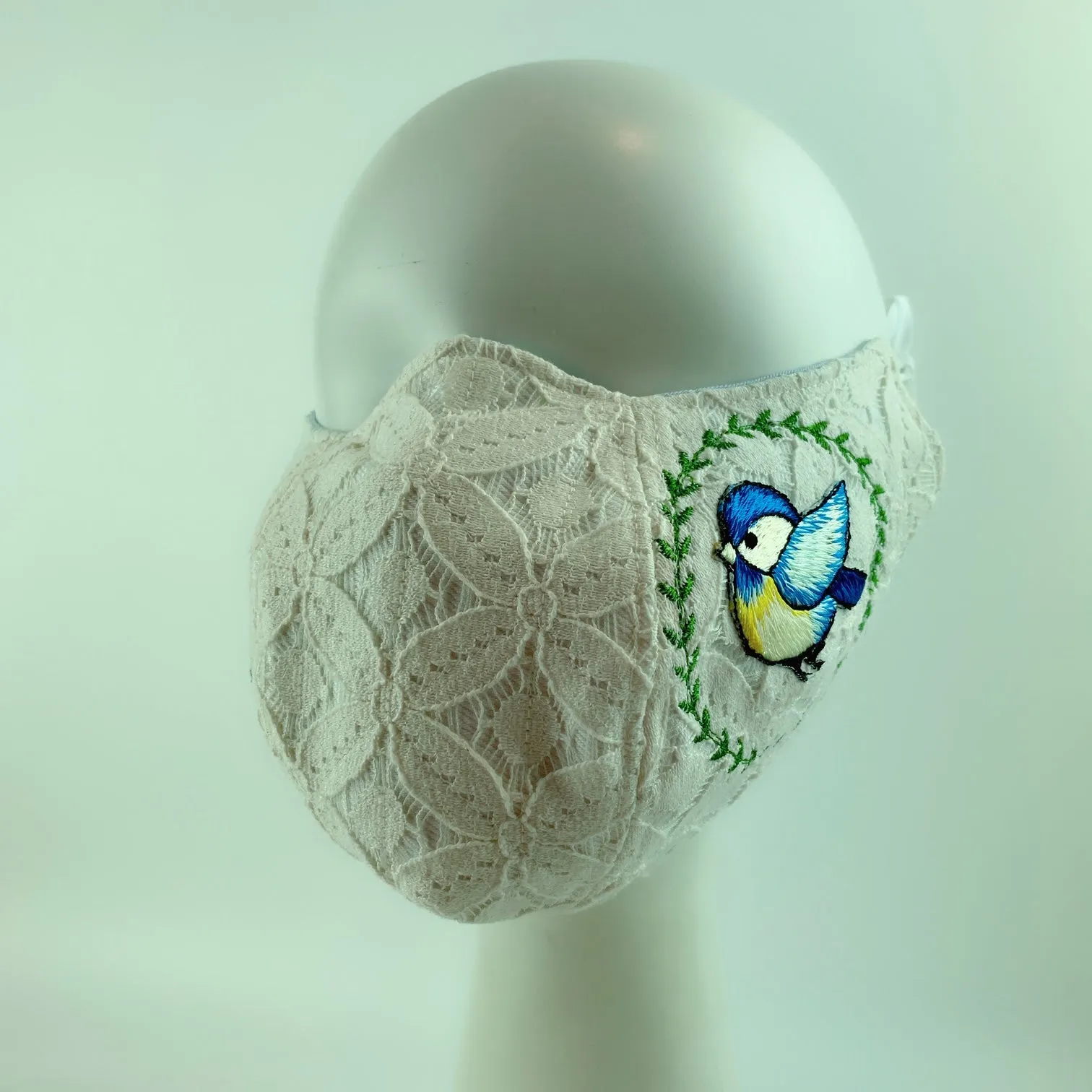 3D Face Mask 4 Protect A Pair of Blue Birds White Lace - L