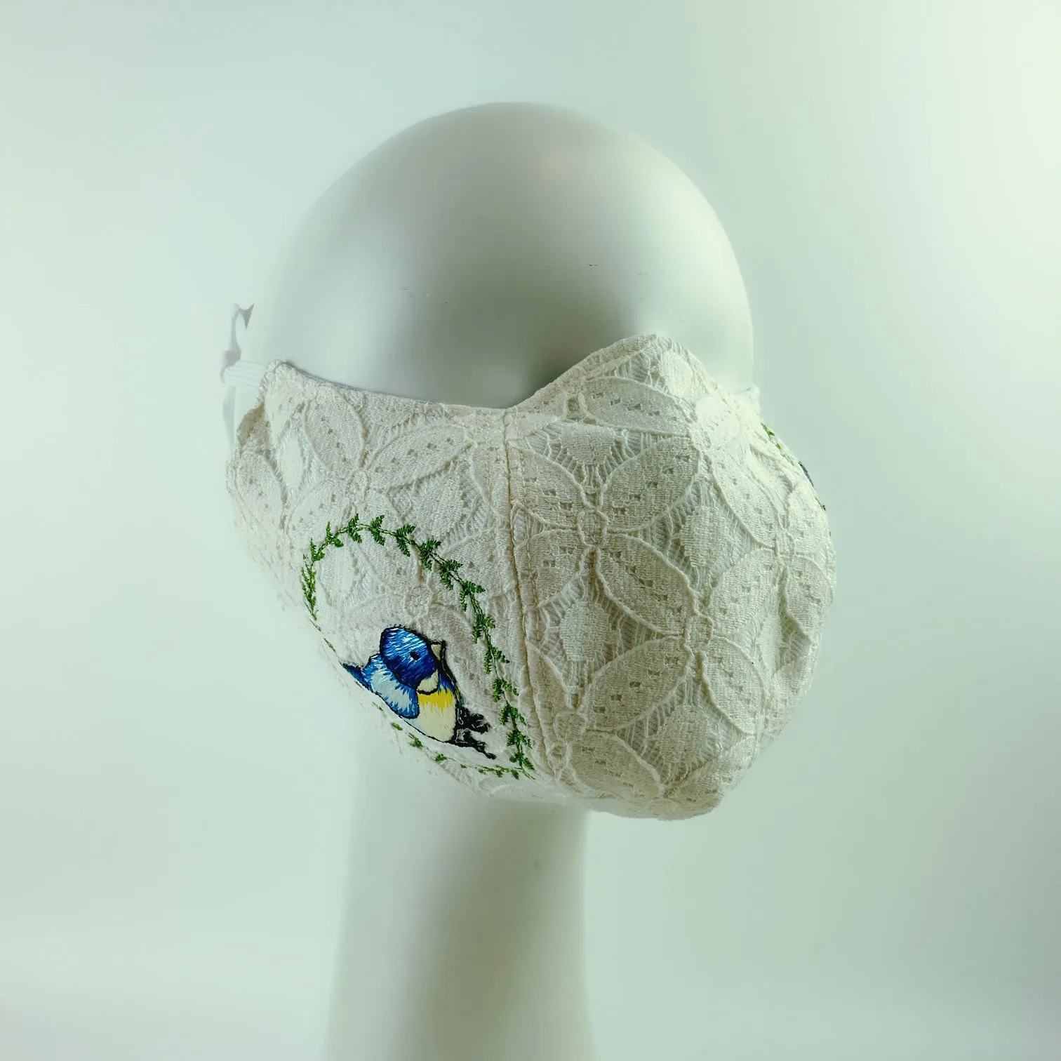 3D Face Mask 4 Protect A Pair of Blue Birds White Lace - L