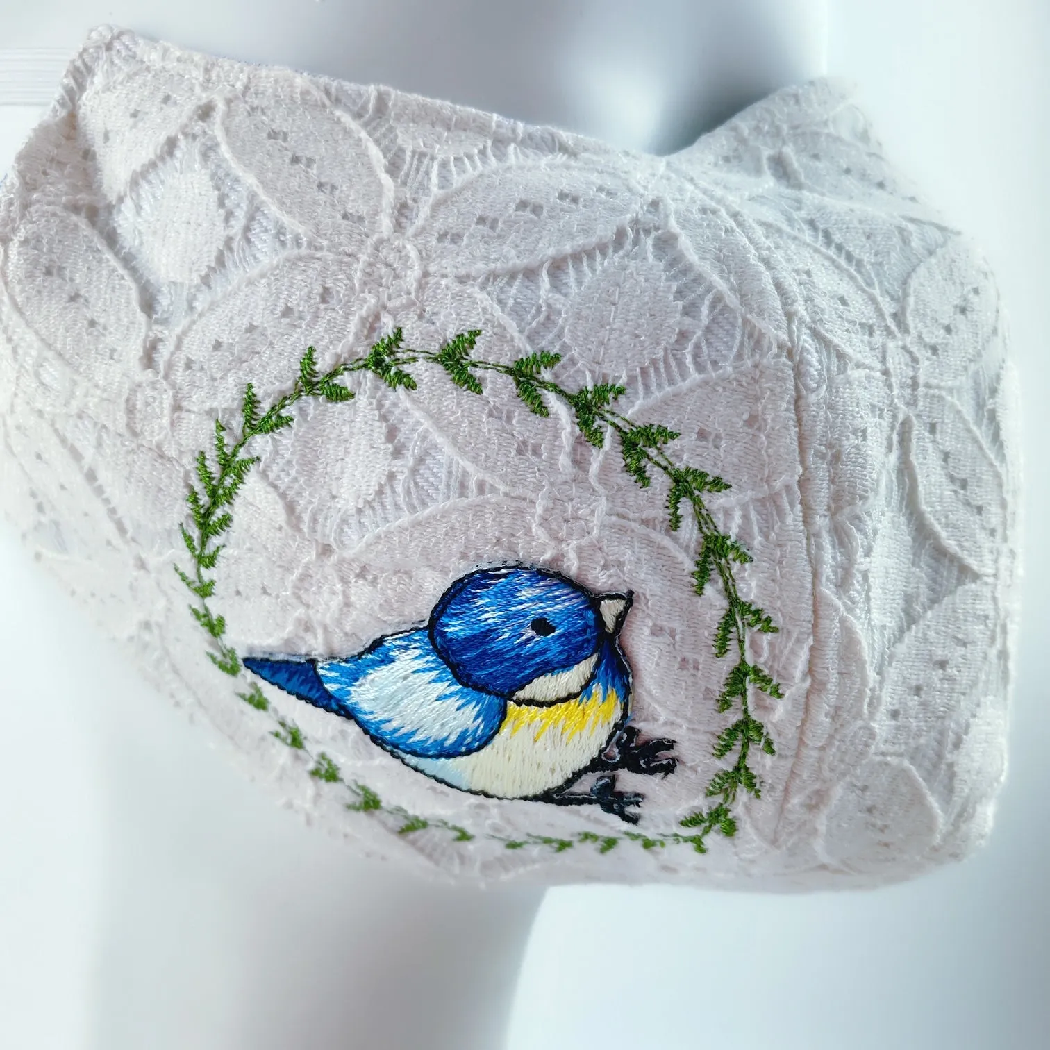 3D Face Mask 4 Protect A Pair of Blue Birds White Lace - L