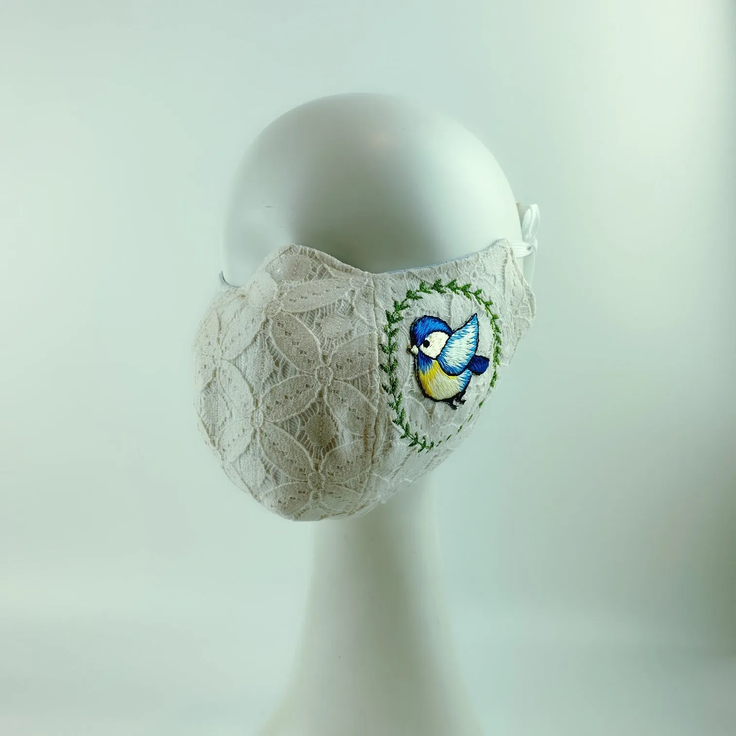 3D Face Mask 4 Protect A Pair of Blue Birds White Lace - L