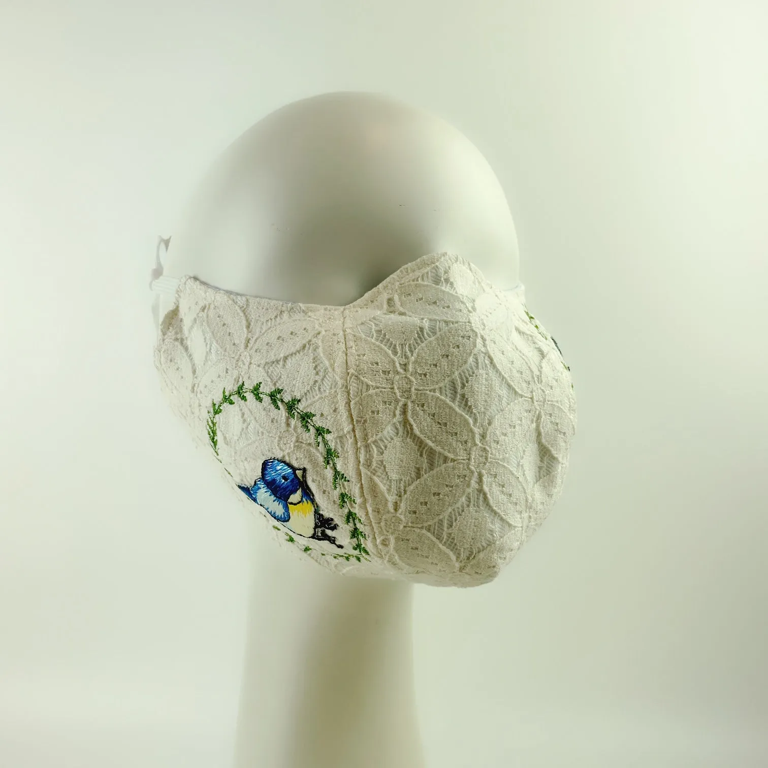3D Face Mask 4 Protect A Pair of Blue Birds White Lace - L