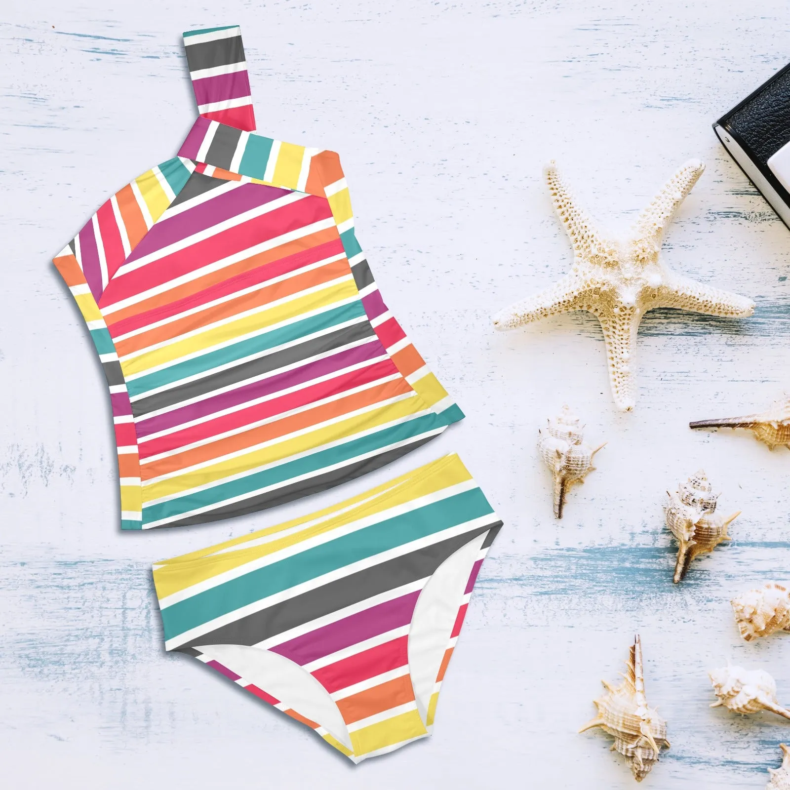 6 COLOR PALLETTE STRIPED FITTED SKIRT PRINT Women's One Shoulder Backless Swimsuit (Model S44)