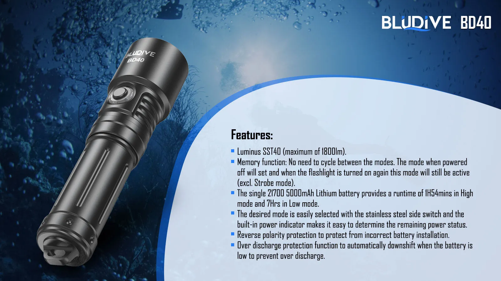 BD40 - 1800 lumens (150m Dive Torch)