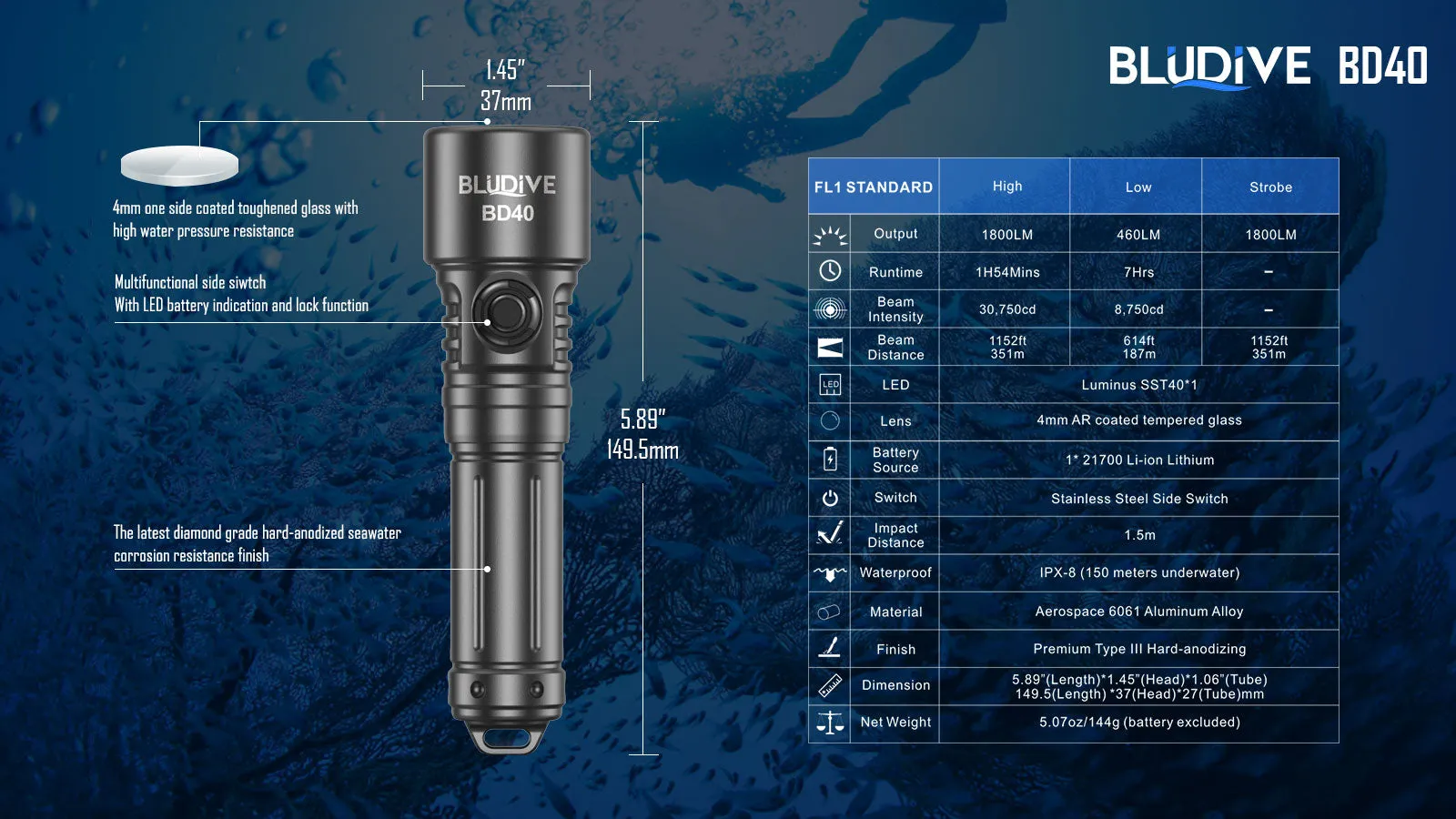 BD40 - 1800 lumens (150m Dive Torch)