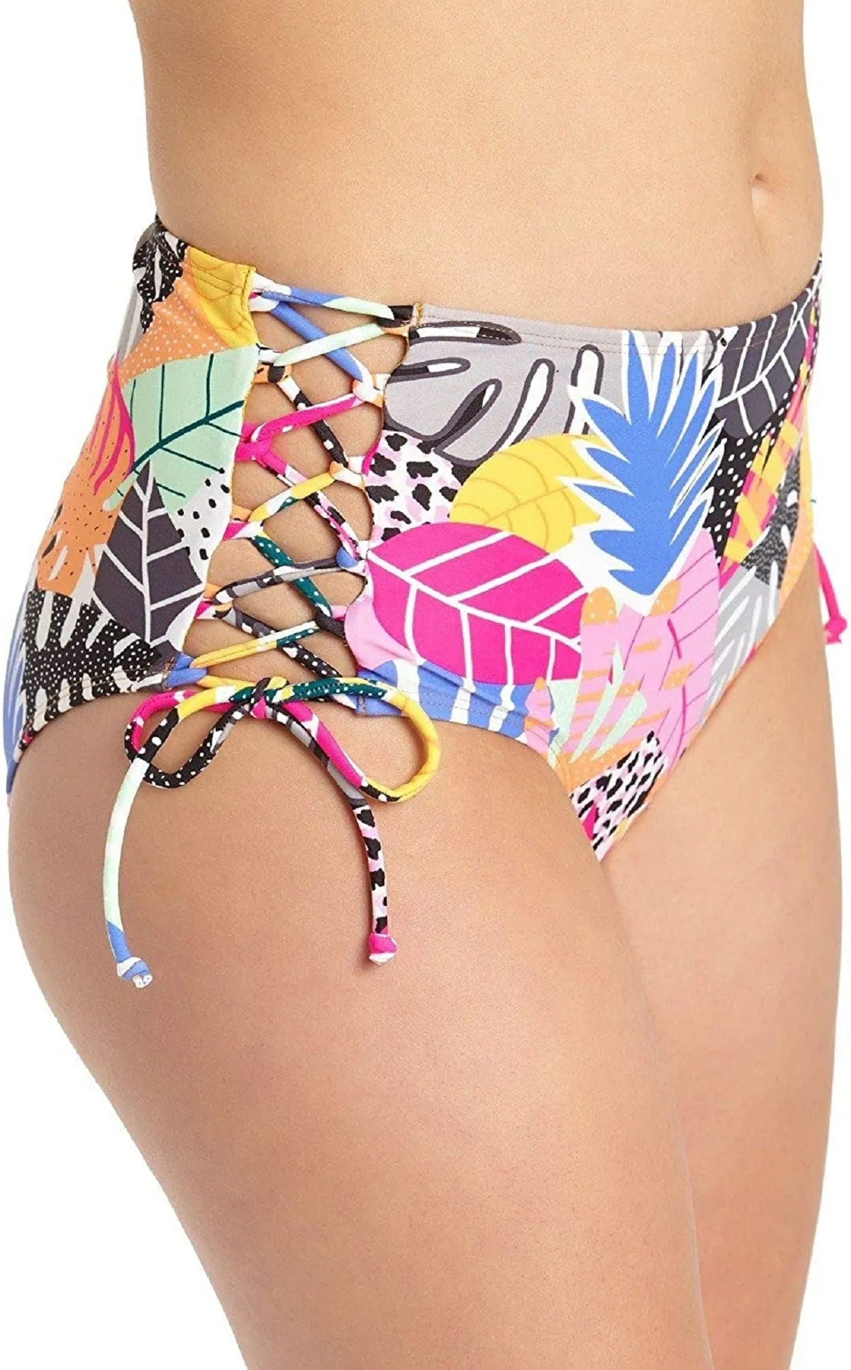 California Waves Juniors' Tropic Lace-Up High-Waist Bikini Bottoms, M
