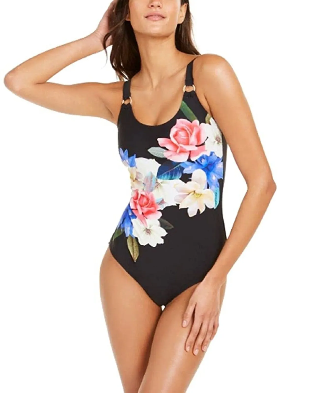 Calvin Klein Women's One-Piece Swimsuit, Black Garden Floral, 6