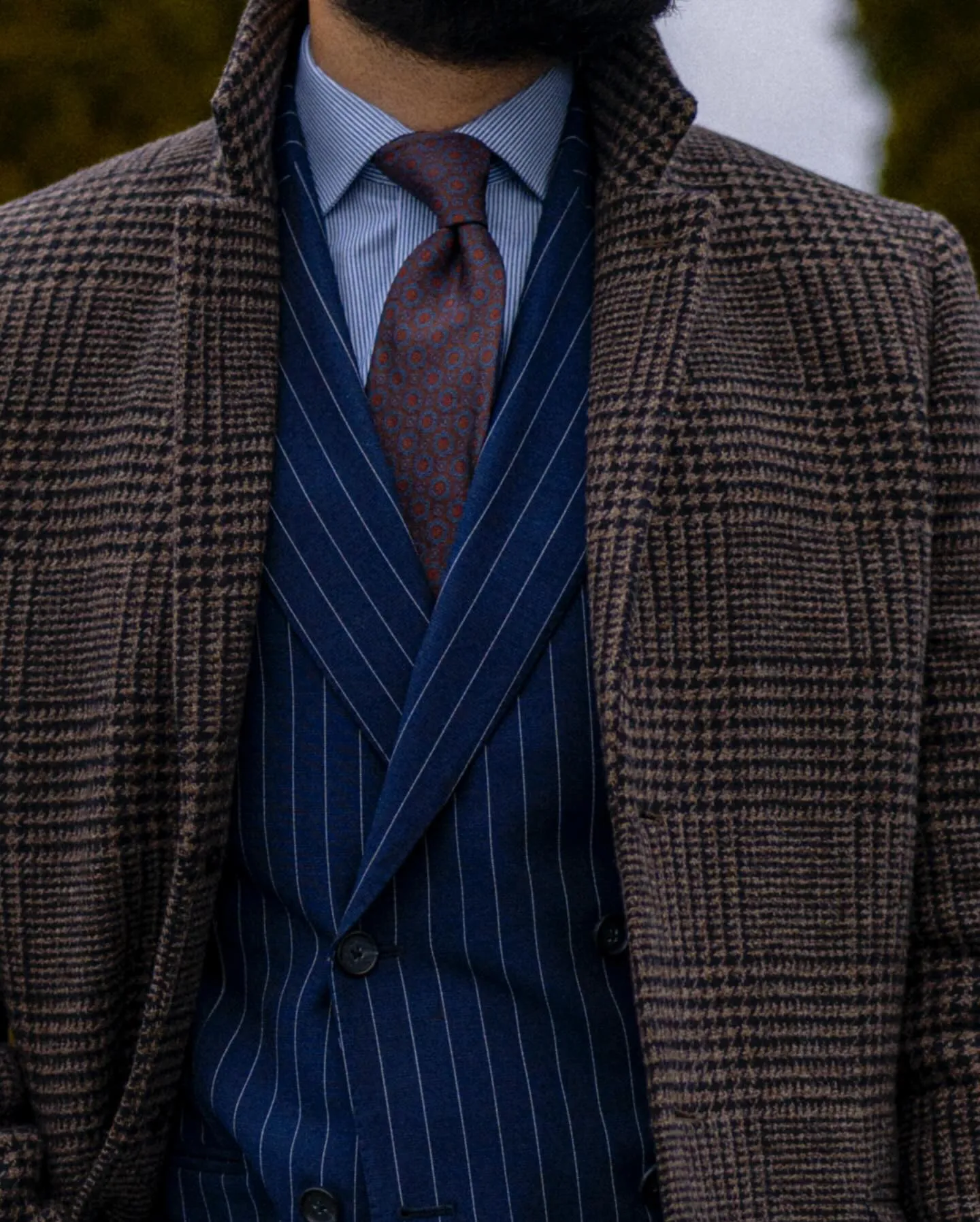 Clarendon Foulard Silk Tie, Brown / Bluish Grey / Orange