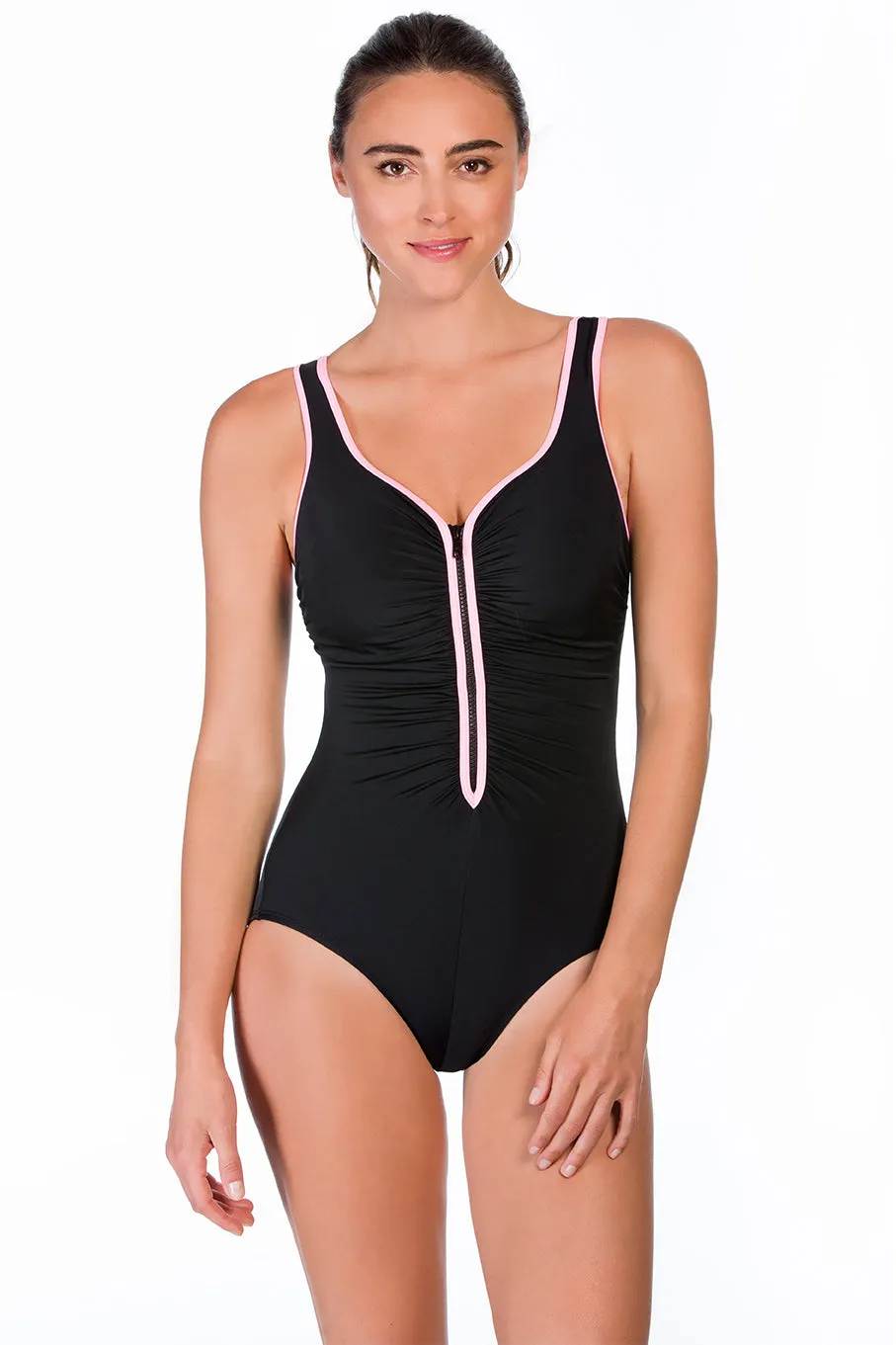 Color Coated Shirred Zipper Tank Swimsuit