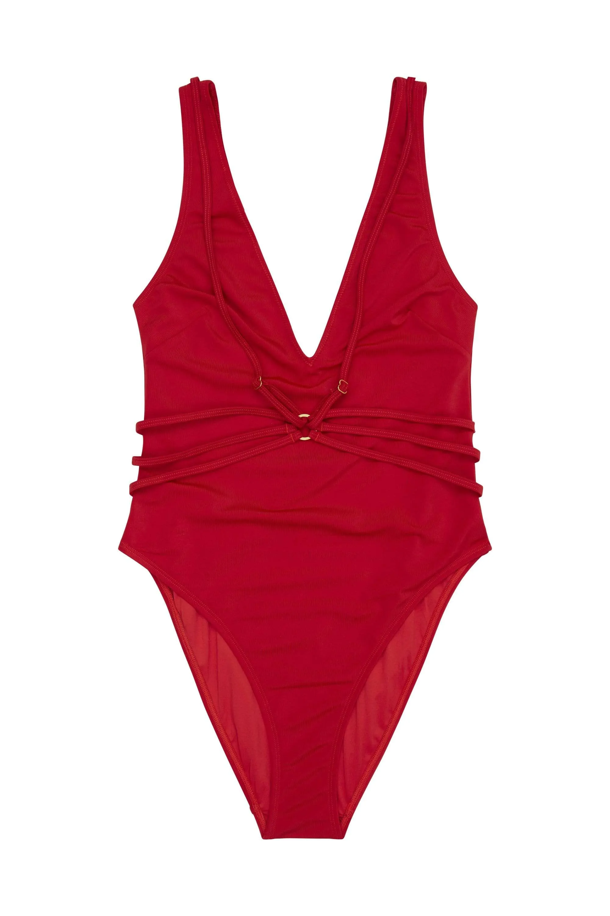 Red Low V Strappy Swimsuit